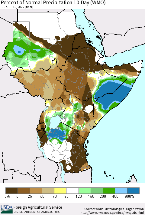 Eastern Africa Percent of Normal Precipitation 10-Day (WMO) Thematic Map For 6/6/2022 - 6/15/2022