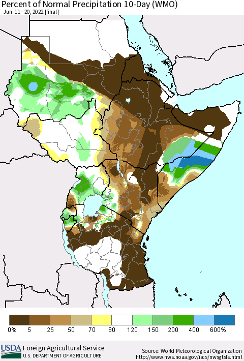 Eastern Africa Percent of Normal Precipitation 10-Day (WMO) Thematic Map For 6/11/2022 - 6/20/2022