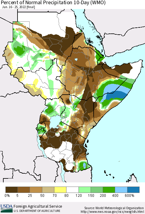 Eastern Africa Percent of Normal Precipitation 10-Day (WMO) Thematic Map For 6/16/2022 - 6/25/2022