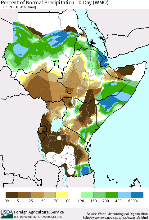 Eastern Africa Percent of Normal Precipitation 10-Day (WMO) Thematic Map For 6/21/2022 - 6/30/2022