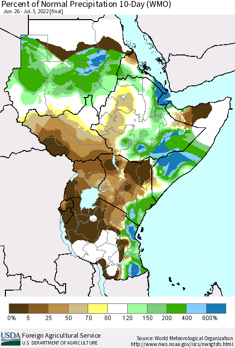 Eastern Africa Percent of Normal Precipitation 10-Day (WMO) Thematic Map For 6/26/2022 - 7/5/2022