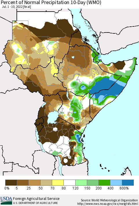 Eastern Africa Percent of Normal Precipitation 10-Day (WMO) Thematic Map For 7/1/2022 - 7/10/2022