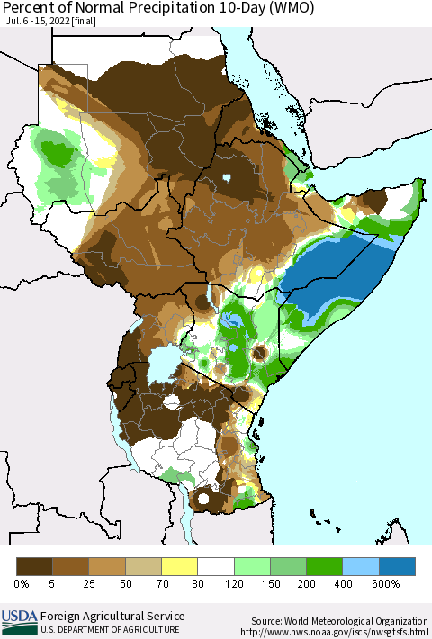 Eastern Africa Percent of Normal Precipitation 10-Day (WMO) Thematic Map For 7/6/2022 - 7/15/2022