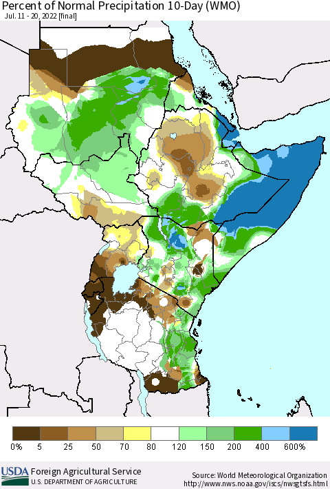 Eastern Africa Percent of Normal Precipitation 10-Day (WMO) Thematic Map For 7/11/2022 - 7/20/2022