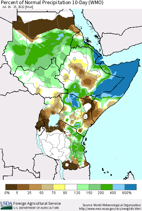 Eastern Africa Percent of Normal Precipitation 10-Day (WMO) Thematic Map For 7/16/2022 - 7/25/2022