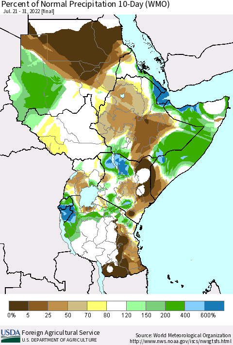 Eastern Africa Percent of Normal Precipitation 10-Day (WMO) Thematic Map For 7/21/2022 - 7/31/2022
