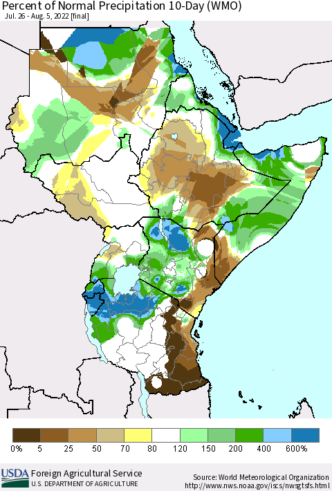 Eastern Africa Percent of Normal Precipitation 10-Day (WMO) Thematic Map For 7/26/2022 - 8/5/2022