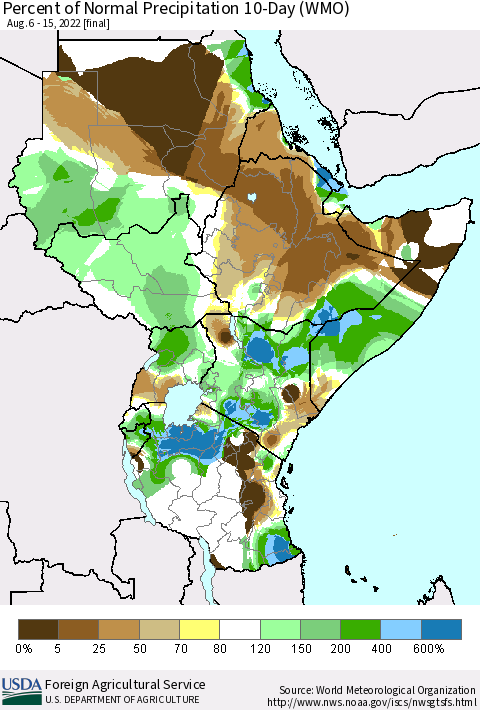 Eastern Africa Percent of Normal Precipitation 10-Day (WMO) Thematic Map For 8/6/2022 - 8/15/2022