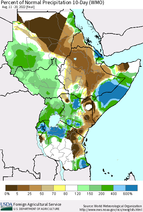 Eastern Africa Percent of Normal Precipitation 10-Day (WMO) Thematic Map For 8/11/2022 - 8/20/2022