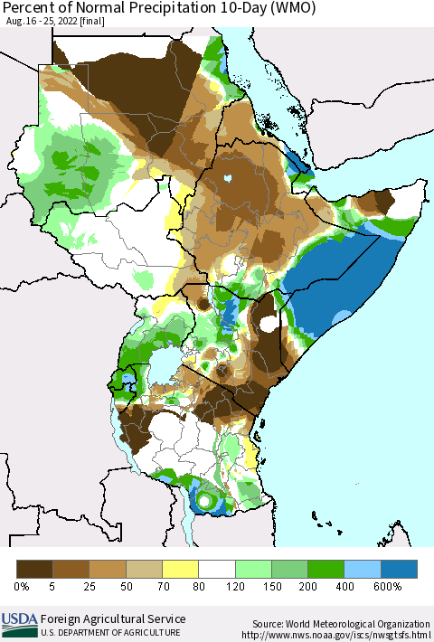 Eastern Africa Percent of Normal Precipitation 10-Day (WMO) Thematic Map For 8/16/2022 - 8/25/2022