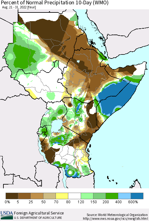 Eastern Africa Percent of Normal Precipitation 10-Day (WMO) Thematic Map For 8/21/2022 - 8/31/2022
