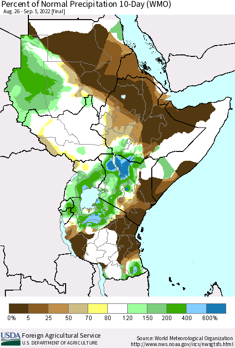 Eastern Africa Percent of Normal Precipitation 10-Day (WMO) Thematic Map For 8/26/2022 - 9/5/2022
