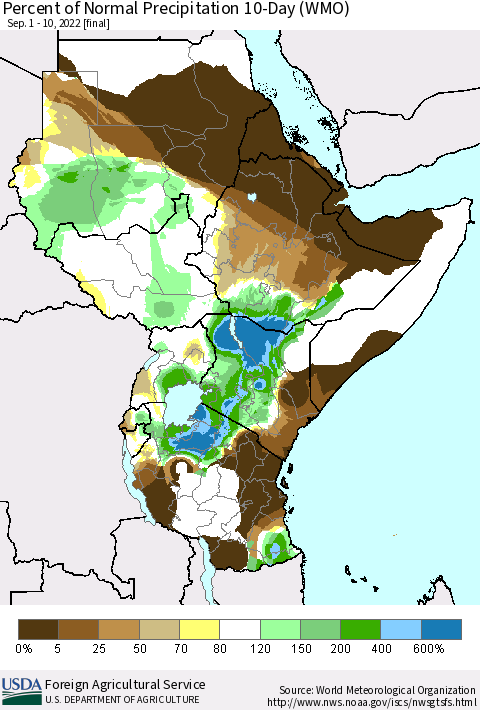Eastern Africa Percent of Normal Precipitation 10-Day (WMO) Thematic Map For 9/1/2022 - 9/10/2022