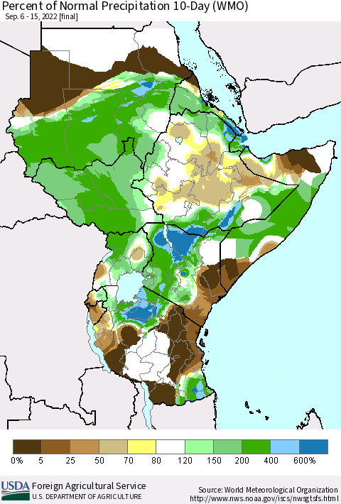 Eastern Africa Percent of Normal Precipitation 10-Day (WMO) Thematic Map For 9/6/2022 - 9/15/2022