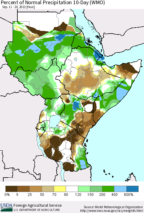 Eastern Africa Percent of Normal Precipitation 10-Day (WMO) Thematic Map For 9/11/2022 - 9/20/2022