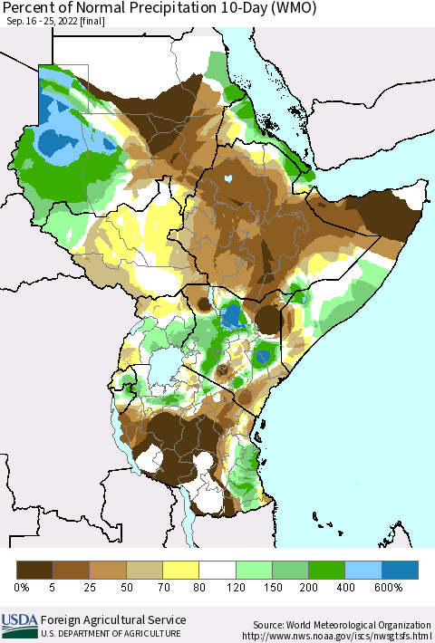 Eastern Africa Percent of Normal Precipitation 10-Day (WMO) Thematic Map For 9/16/2022 - 9/25/2022