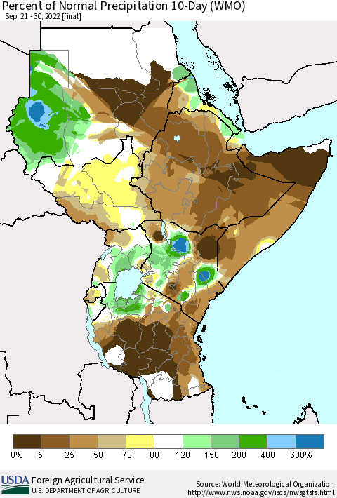 Eastern Africa Percent of Normal Precipitation 10-Day (WMO) Thematic Map For 9/21/2022 - 9/30/2022