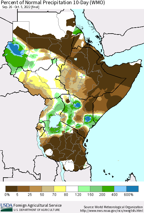 Eastern Africa Percent of Normal Precipitation 10-Day (WMO) Thematic Map For 9/26/2022 - 10/5/2022