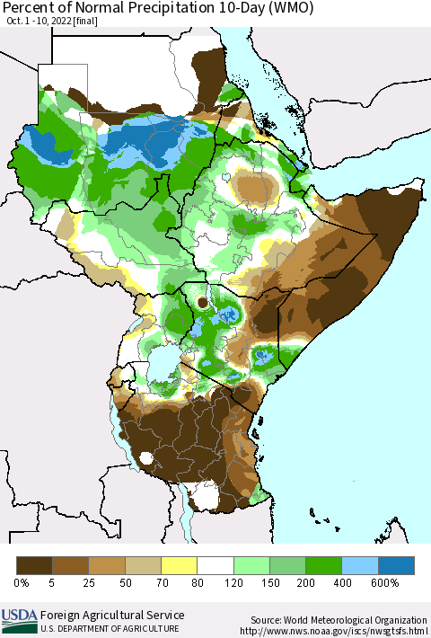 Eastern Africa Percent of Normal Precipitation 10-Day (WMO) Thematic Map For 10/1/2022 - 10/10/2022