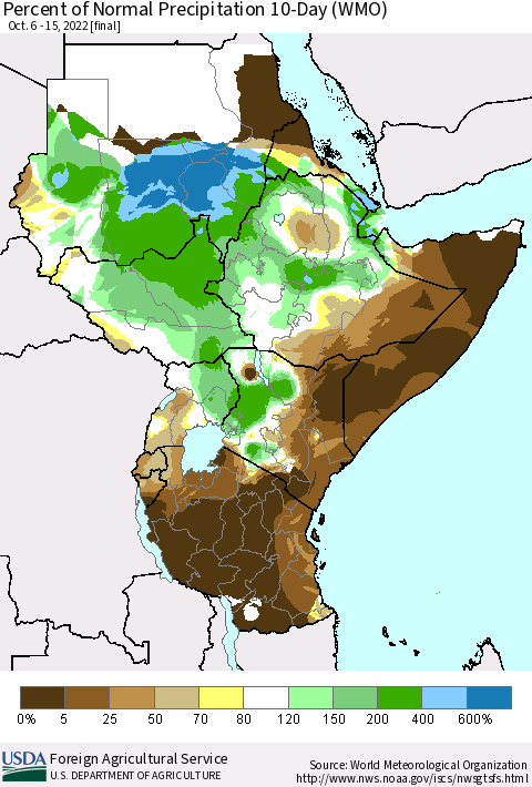 Eastern Africa Percent of Normal Precipitation 10-Day (WMO) Thematic Map For 10/6/2022 - 10/15/2022