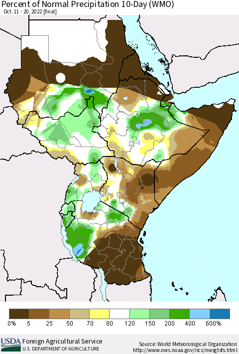 Eastern Africa Percent of Normal Precipitation 10-Day (WMO) Thematic Map For 10/11/2022 - 10/20/2022