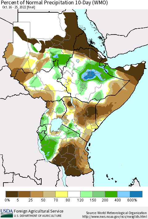 Eastern Africa Percent of Normal Precipitation 10-Day (WMO) Thematic Map For 10/16/2022 - 10/25/2022