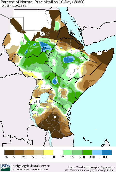 Eastern Africa Percent of Normal Precipitation 10-Day (WMO) Thematic Map For 10/21/2022 - 10/31/2022