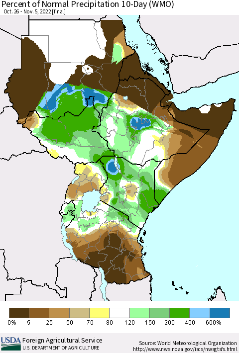 Eastern Africa Percent of Normal Precipitation 10-Day (WMO) Thematic Map For 10/26/2022 - 11/5/2022