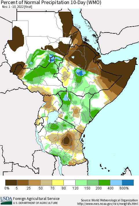 Eastern Africa Percent of Normal Precipitation 10-Day (WMO) Thematic Map For 11/1/2022 - 11/10/2022