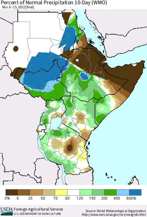 Eastern Africa Percent of Normal Precipitation 10-Day (WMO) Thematic Map For 11/6/2022 - 11/15/2022