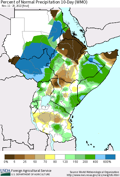 Eastern Africa Percent of Normal Precipitation 10-Day (WMO) Thematic Map For 11/11/2022 - 11/20/2022