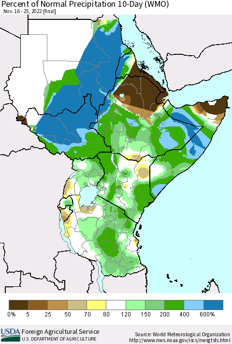 Eastern Africa Percent of Normal Precipitation 10-Day (WMO) Thematic Map For 11/16/2022 - 11/25/2022