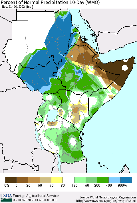 Eastern Africa Percent of Normal Precipitation 10-Day (WMO) Thematic Map For 11/21/2022 - 11/30/2022