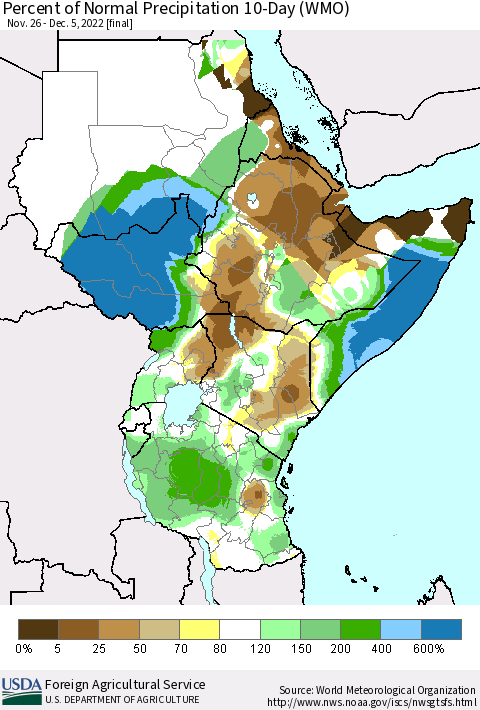 Eastern Africa Percent of Normal Precipitation 10-Day (WMO) Thematic Map For 11/26/2022 - 12/5/2022