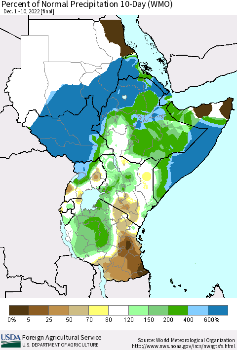 Eastern Africa Percent of Normal Precipitation 10-Day (WMO) Thematic Map For 12/1/2022 - 12/10/2022