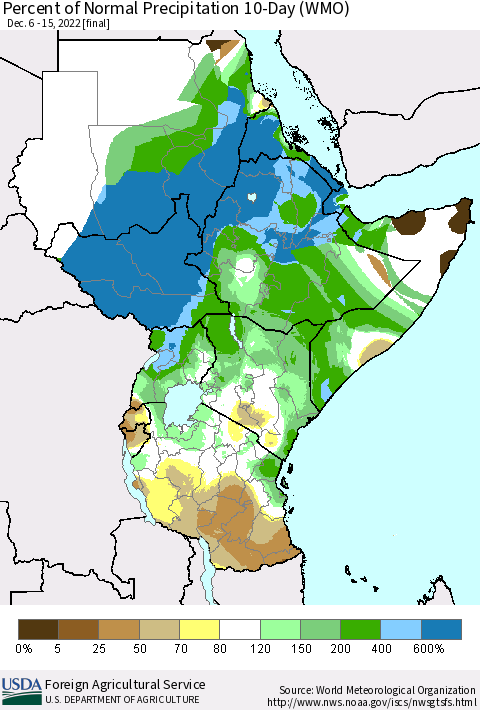 Eastern Africa Percent of Normal Precipitation 10-Day (WMO) Thematic Map For 12/6/2022 - 12/15/2022