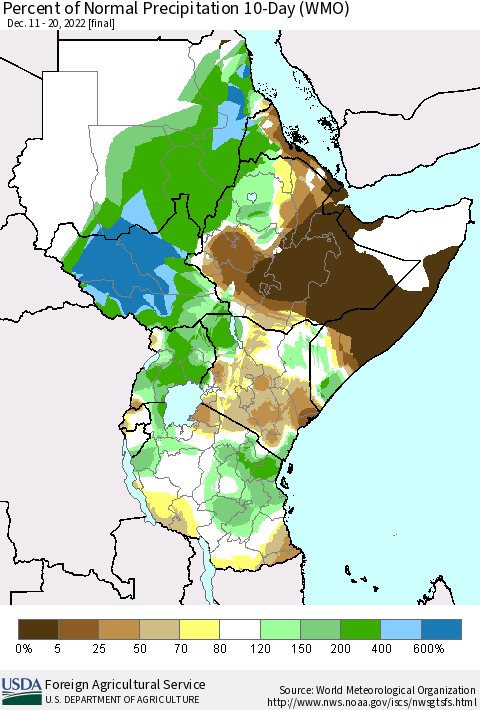 Eastern Africa Percent of Normal Precipitation 10-Day (WMO) Thematic Map For 12/11/2022 - 12/20/2022