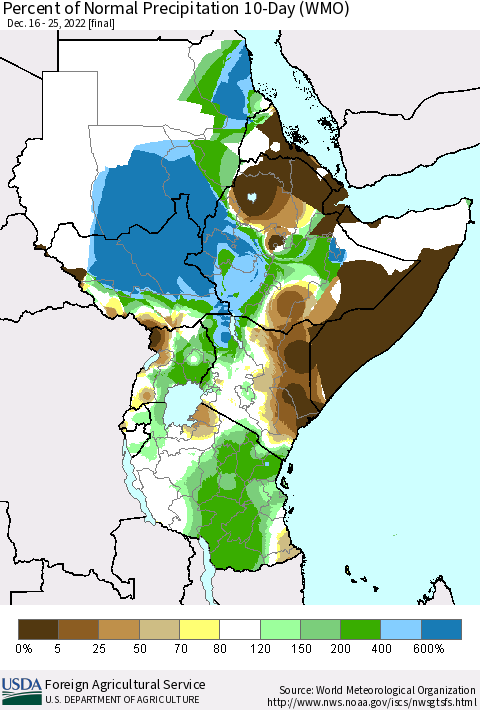 Eastern Africa Percent of Normal Precipitation 10-Day (WMO) Thematic Map For 12/16/2022 - 12/25/2022
