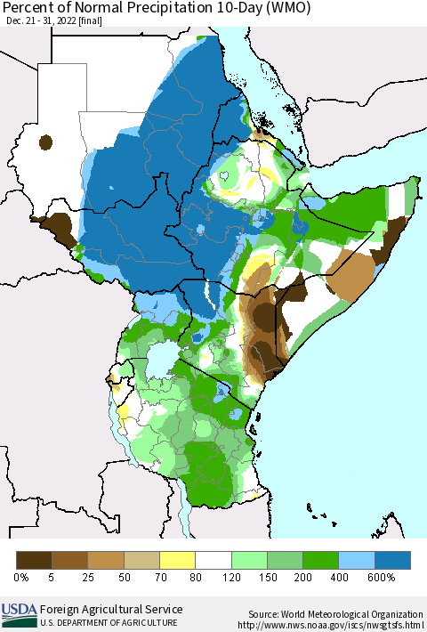 Eastern Africa Percent of Normal Precipitation 10-Day (WMO) Thematic Map For 12/21/2022 - 12/31/2022