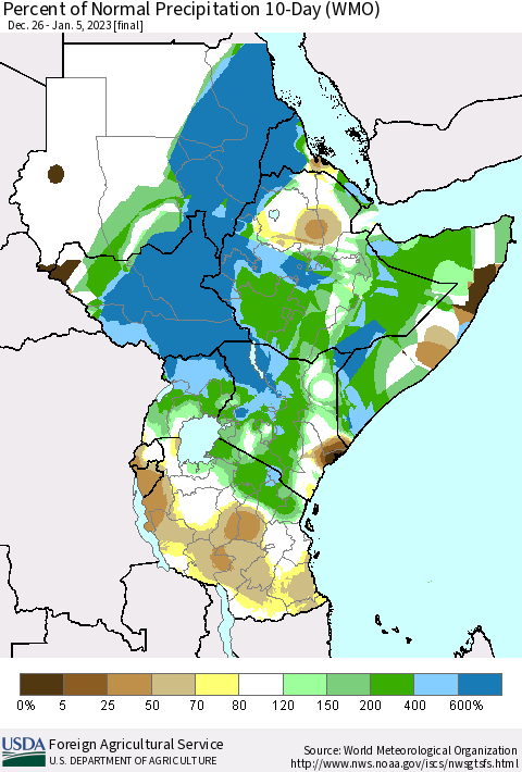 Eastern Africa Percent of Normal Precipitation 10-Day (WMO) Thematic Map For 12/26/2022 - 1/5/2023