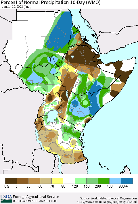 Eastern Africa Percent of Normal Precipitation 10-Day (WMO) Thematic Map For 1/1/2023 - 1/10/2023