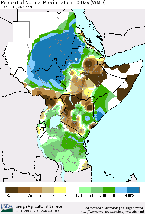 Eastern Africa Percent of Normal Precipitation 10-Day (WMO) Thematic Map For 1/6/2023 - 1/15/2023