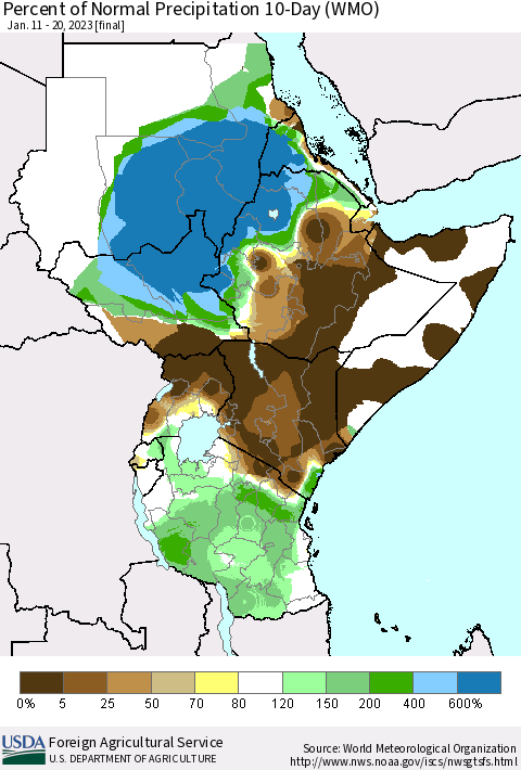 Eastern Africa Percent of Normal Precipitation 10-Day (WMO) Thematic Map For 1/11/2023 - 1/20/2023
