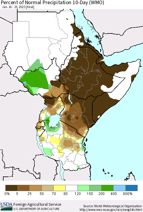 Eastern Africa Percent of Normal Precipitation 10-Day (WMO) Thematic Map For 1/16/2023 - 1/25/2023