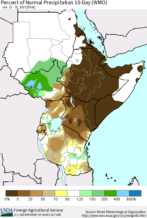 Eastern Africa Percent of Normal Precipitation 10-Day (WMO) Thematic Map For 1/21/2023 - 1/31/2023