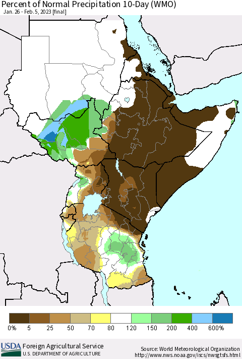 Eastern Africa Percent of Normal Precipitation 10-Day (WMO) Thematic Map For 1/26/2023 - 2/5/2023