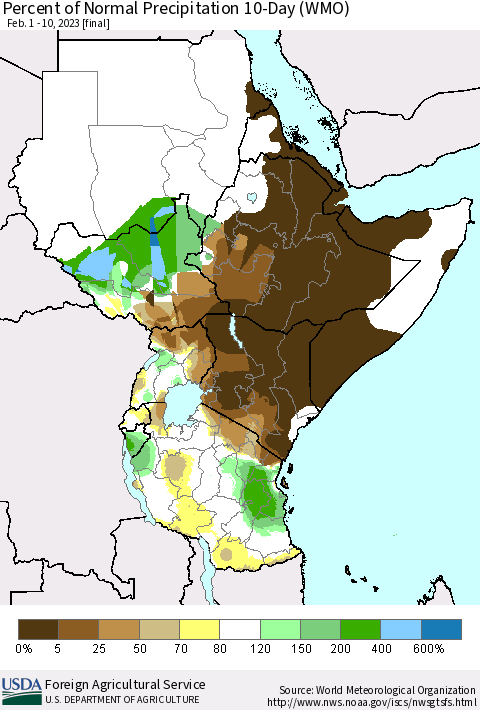 Eastern Africa Percent of Normal Precipitation 10-Day (WMO) Thematic Map For 2/1/2023 - 2/10/2023