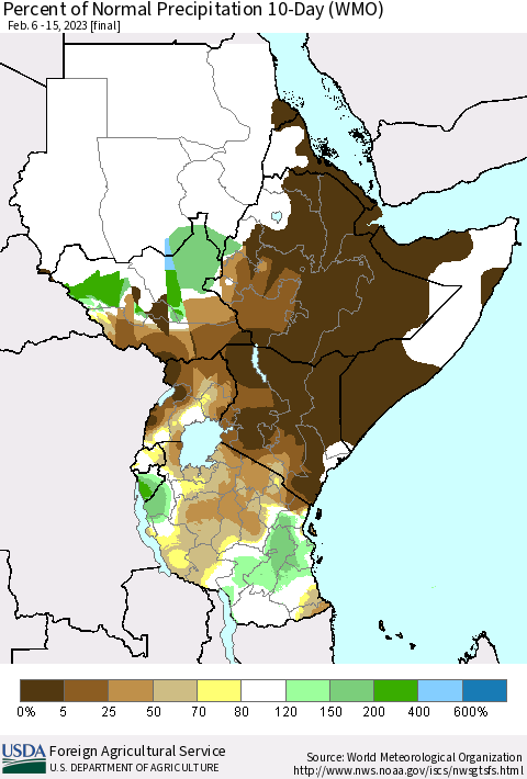 Eastern Africa Percent of Normal Precipitation 10-Day (WMO) Thematic Map For 2/6/2023 - 2/15/2023