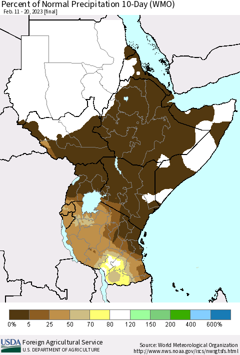 Eastern Africa Percent of Normal Precipitation 10-Day (WMO) Thematic Map For 2/11/2023 - 2/20/2023