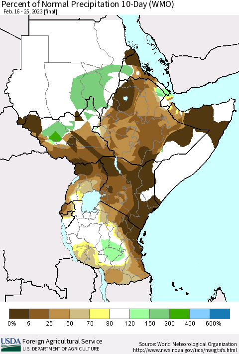 Eastern Africa Percent of Normal Precipitation 10-Day (WMO) Thematic Map For 2/16/2023 - 2/25/2023